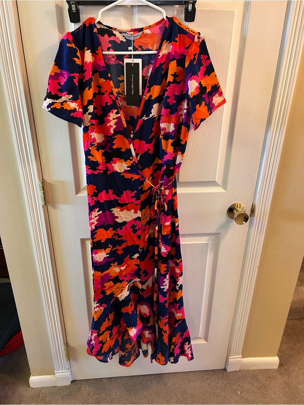 Abstract Print Wrap Maxi Dress in Navy, Pink & Orange